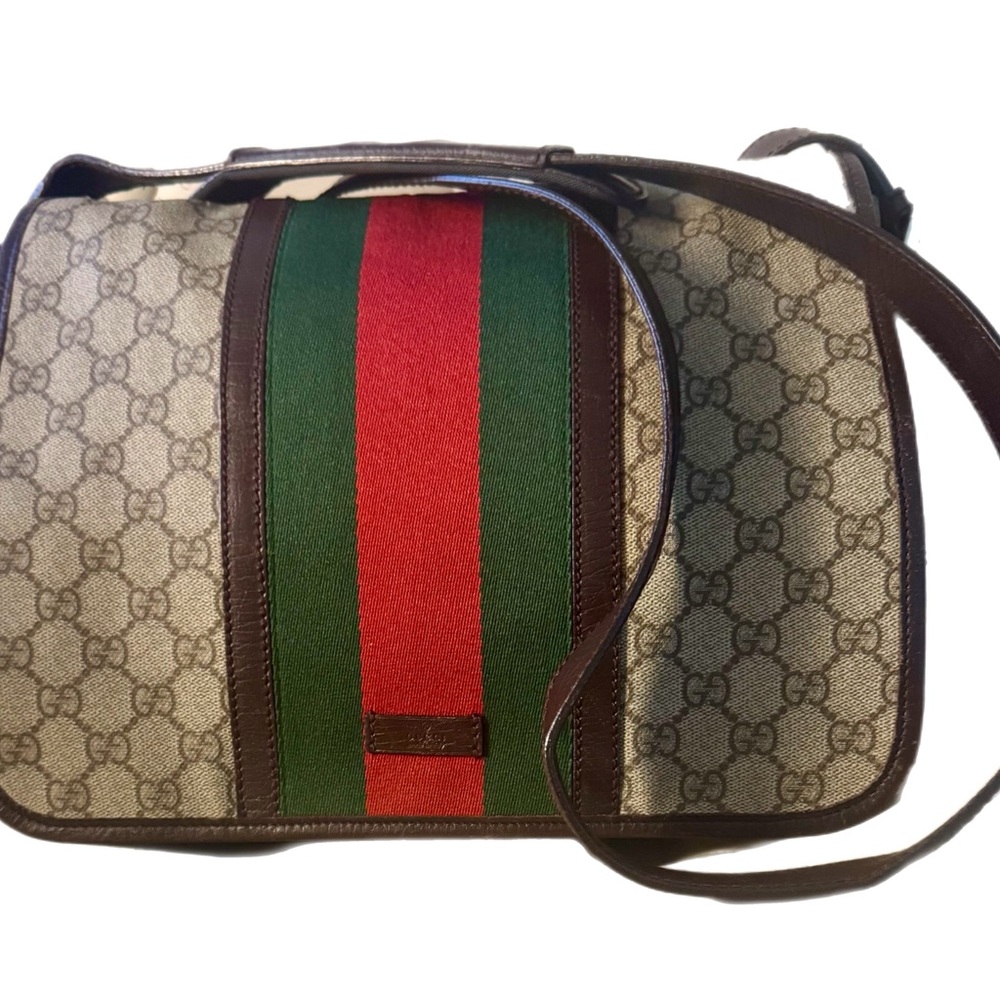 Gucci Beige and Brown Crossbody/Messenger Bag with Red and Green Stripe